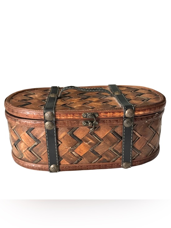 Other - Vintage Woven Wood Box Leather Straps Metal Latch Hinges Antique Style
